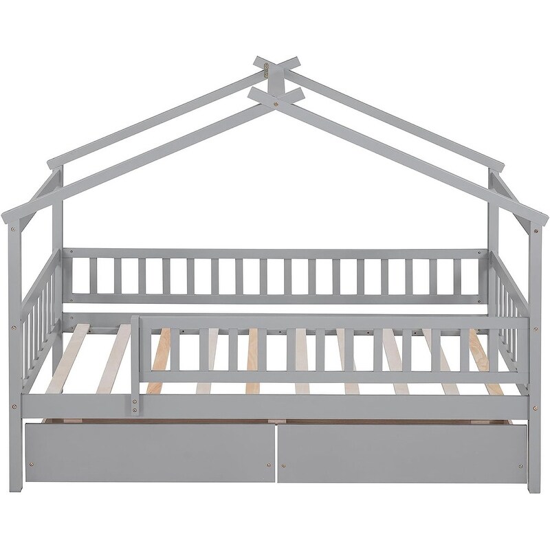 Twin House Bed with 2 Storage Drawers Rails and Roof for Kids