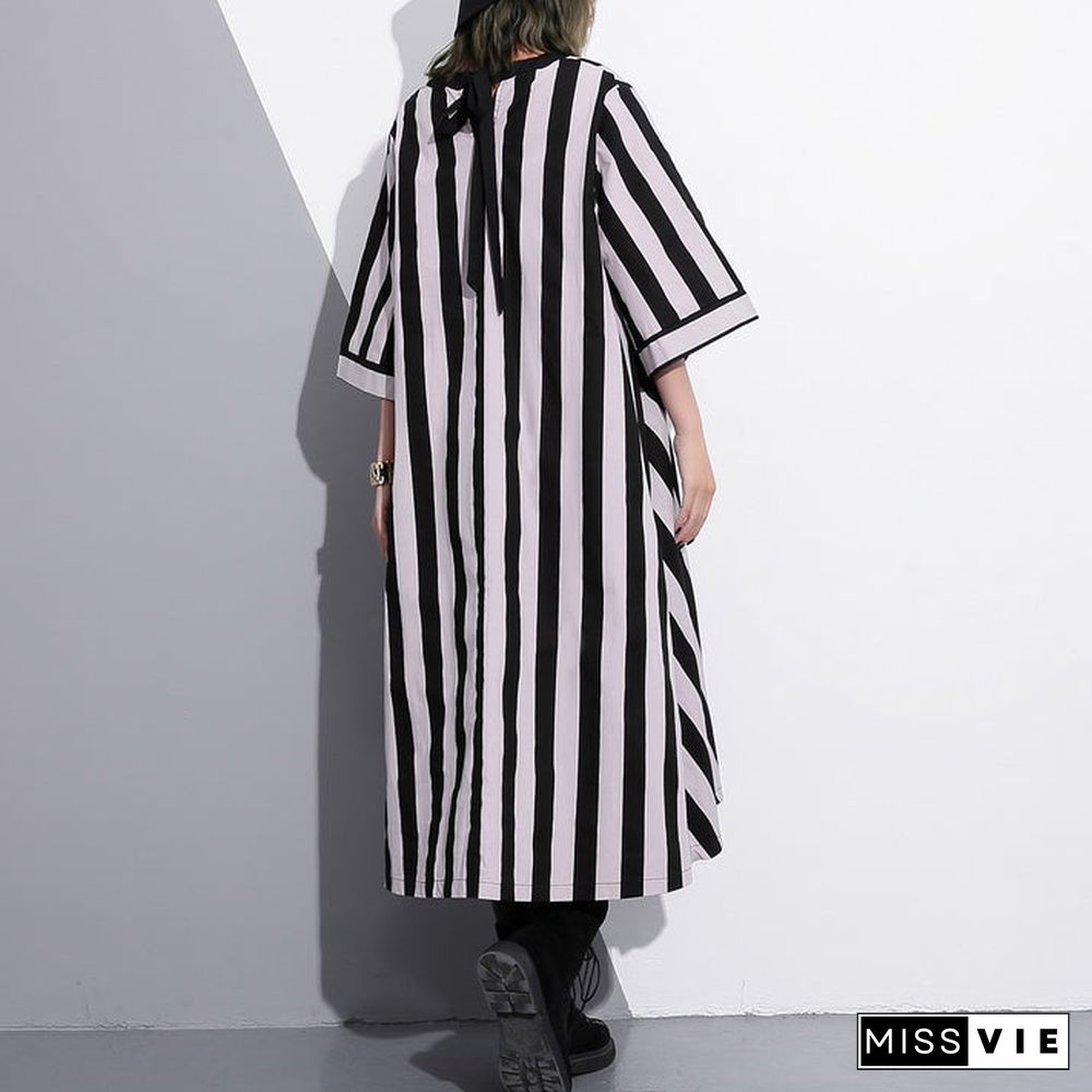 fashion striped cotton caftans Loose fitting tie waist cotton maxi dress fine v neck cotton caftans