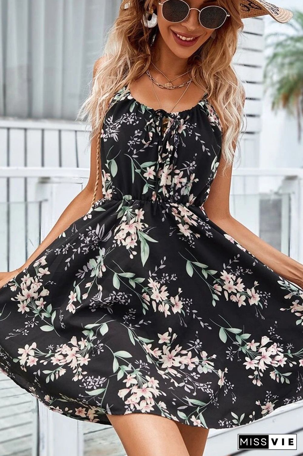 Ruffles Front Tie Cami Floral Dress