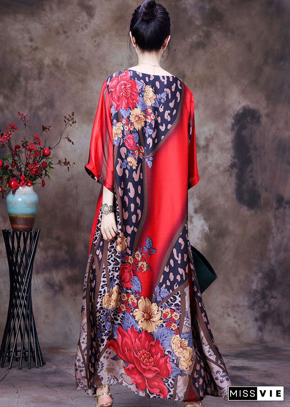 Bohemian Red O-Neck Print Side Open Silk Long Dress Short Sleeve