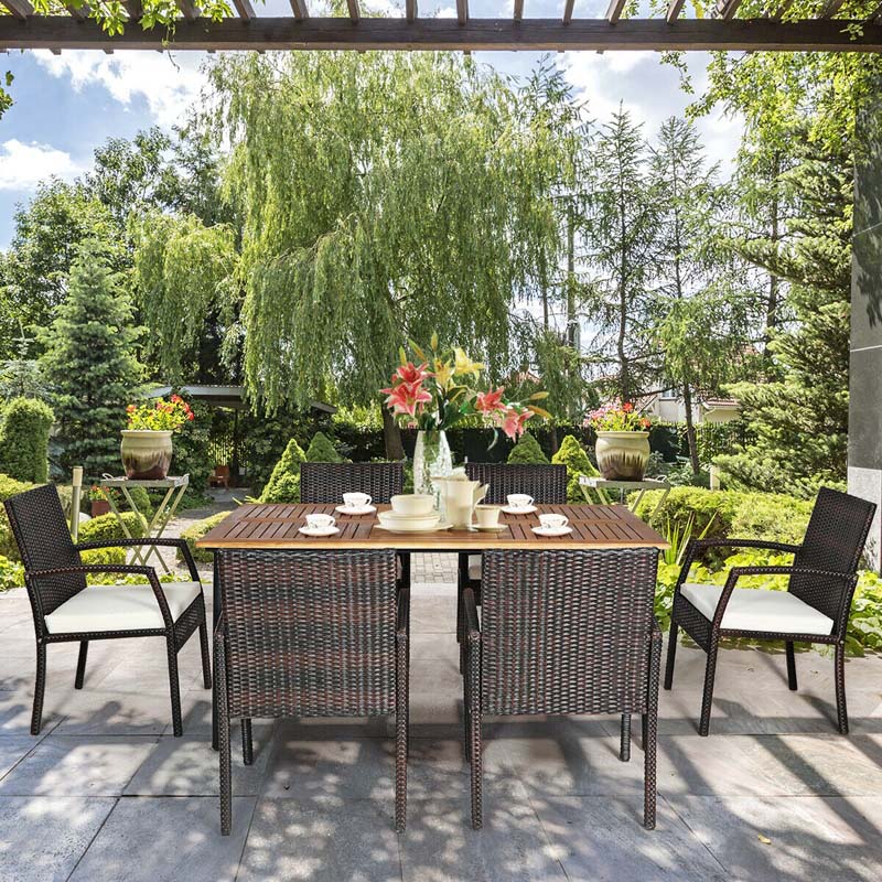 7 Pcs Rattan Patio Dining Set with Umbrella Hole, Acacia Wood Tabletop, Cushioned Chairs