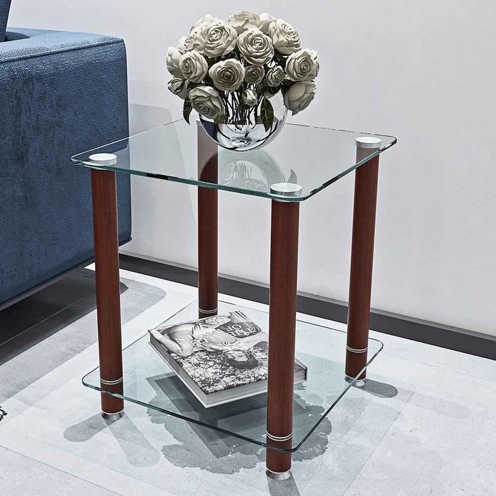 Transparent Walnut Side Table 2-Tier Space End Table with Storage Shelve