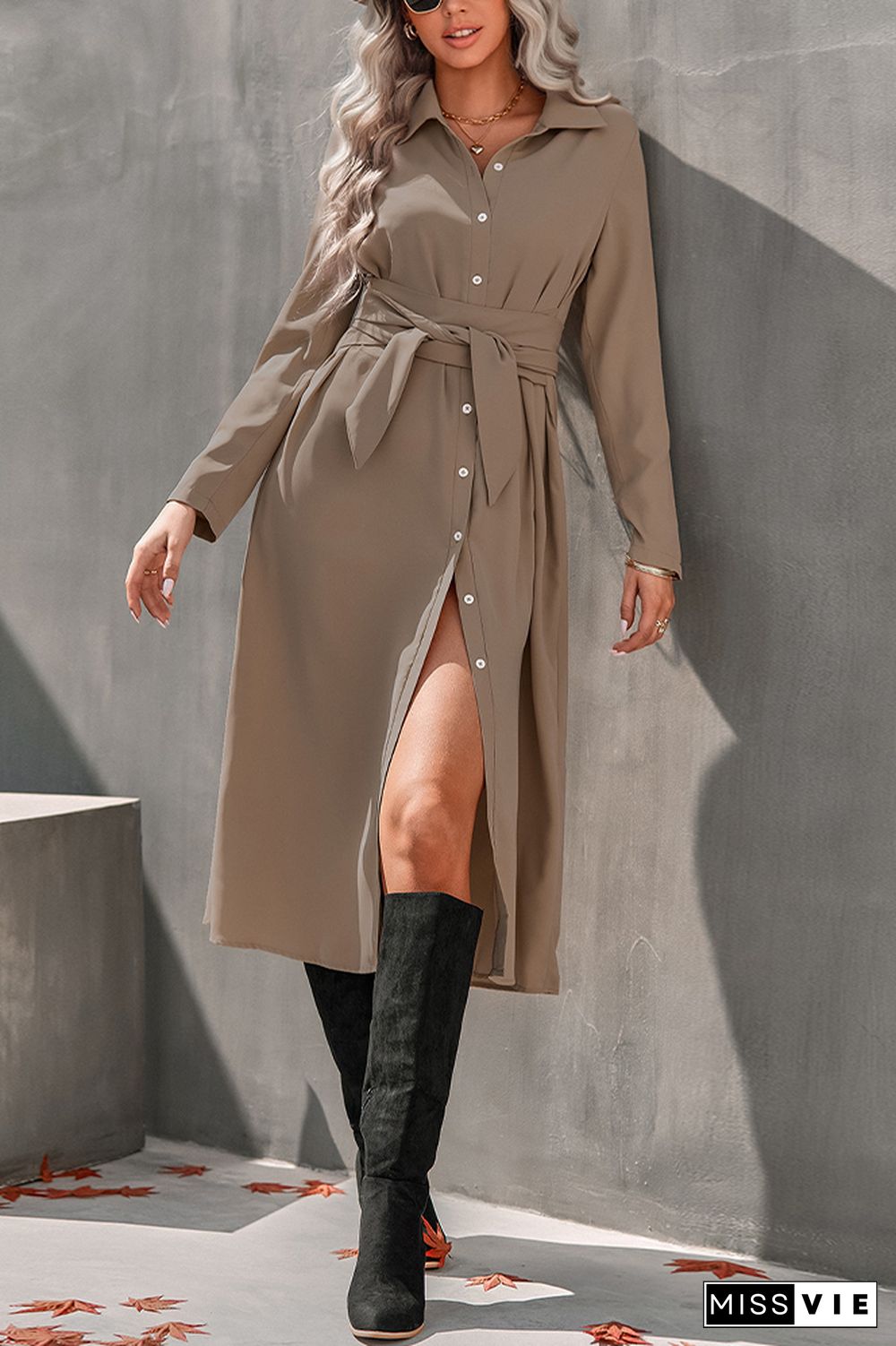 Open Button Waistbelt Shirt Midi Dress Wholesale