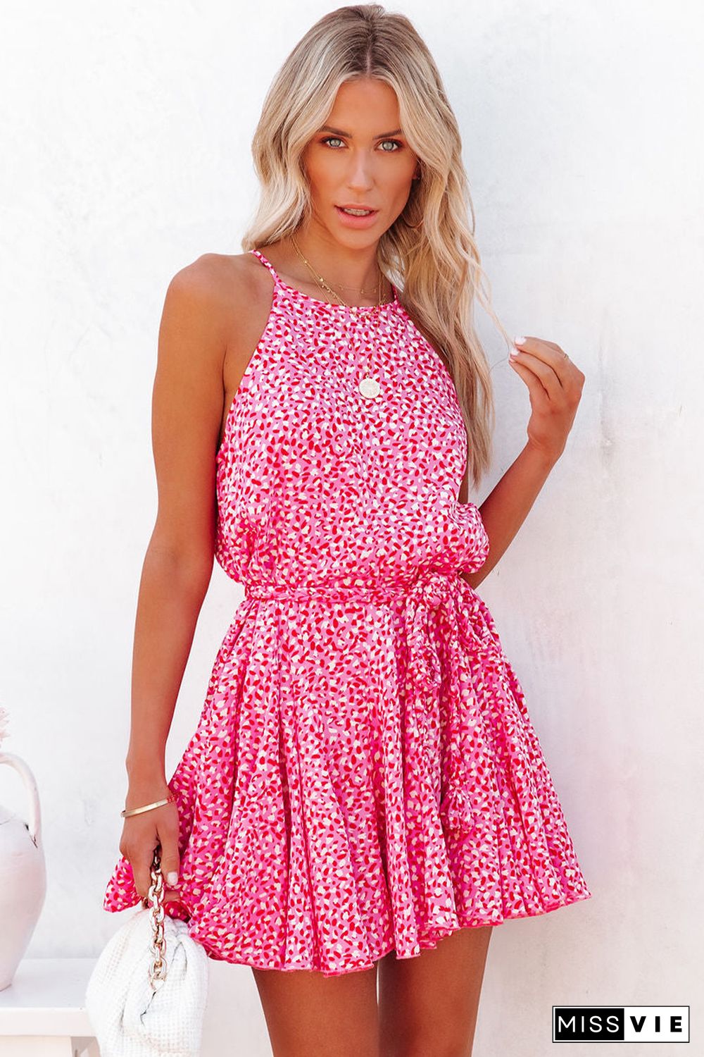 Pink Leopard Print Sleeveless Mini Dress with Waist Tie