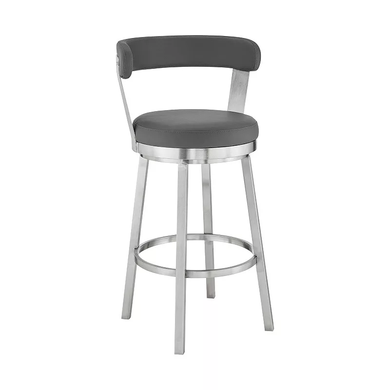 Emma 30 Inch Bar Height Swivel Stool， Steel Legs， Faux Leather， Light Gray