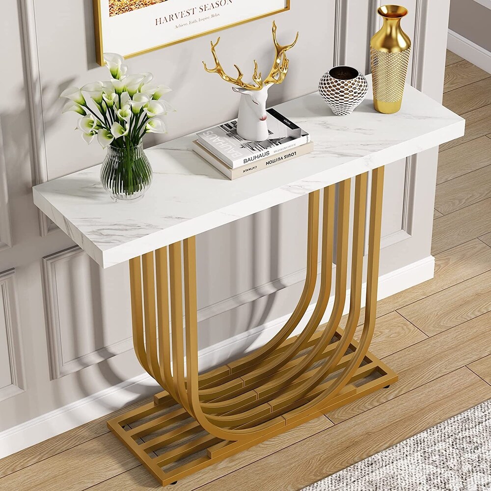 Modern Console Table  Faux Marble Entryway Foyer Table  Sofa Accent Table with Gold Metal Legs