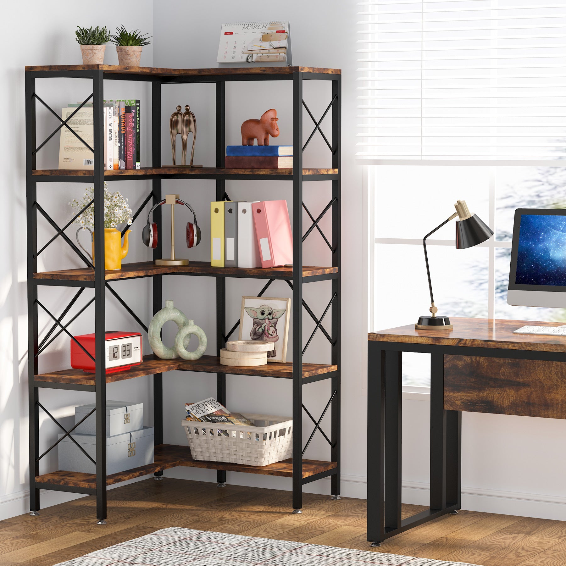 5-Shelf Corner Bookshelf, 65.7 Corner Etagere Bookcase Corner Display Rack