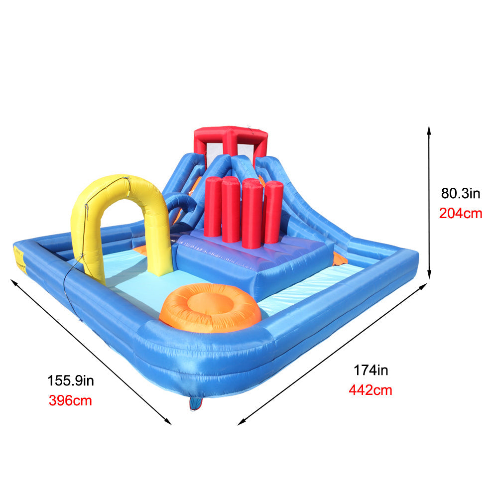 Summer Large Kids Inflatable Bounce House, Bouncy Castle, River Field, Climbing Wall, Water Cannon and Hose + 110V-120V 680W US Standard Bouncy Castle Blower