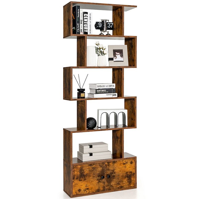 6-Tier S-Shaped Freestanding Bookshelf with Cabinet and Doors