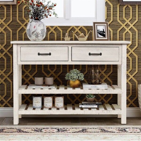 Retro Console Table for Entryway w/ DrawersandShelf，White