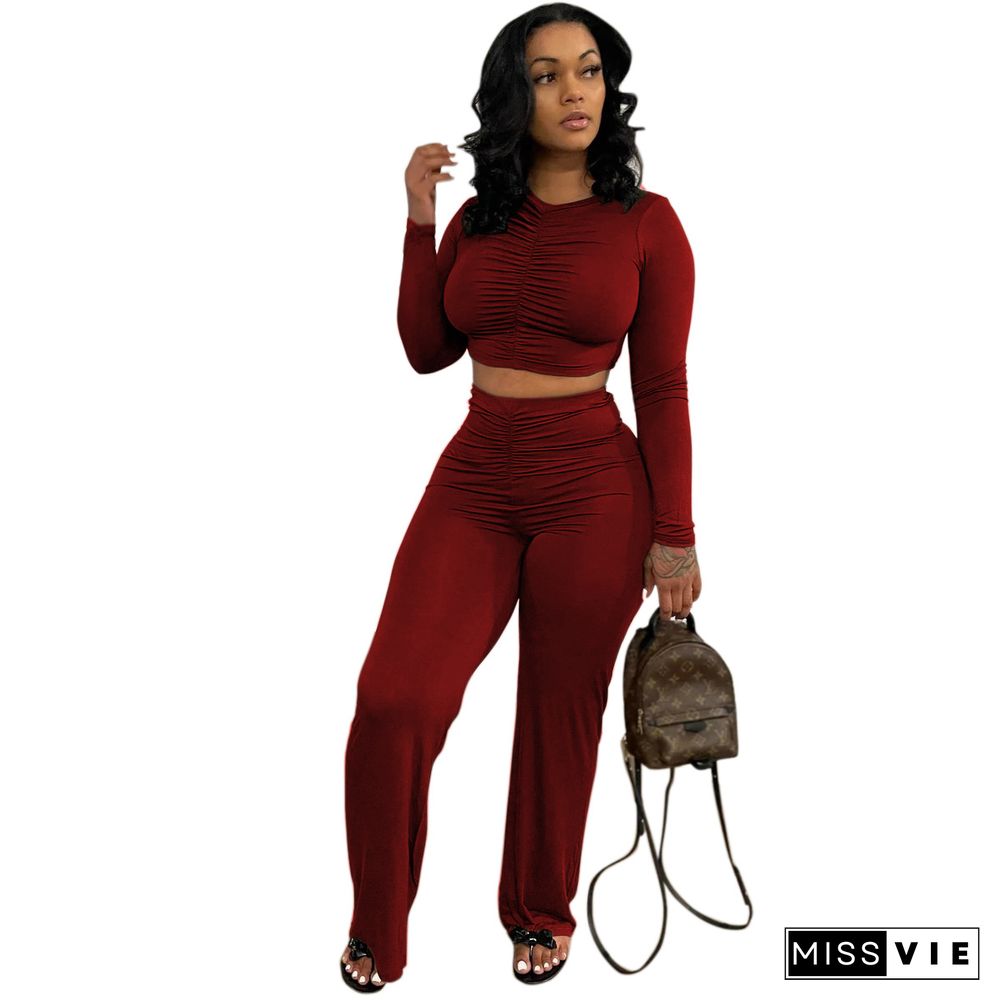 Casual Pleated Crop Top Wide Leg Pants Set