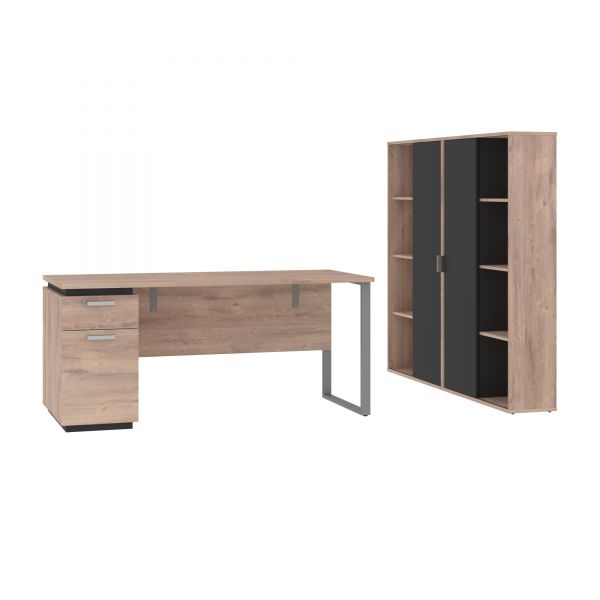 Bestar Aquarius 3-Piece Computer Desk and Two Bookcases - Rustic Brown and Graphite