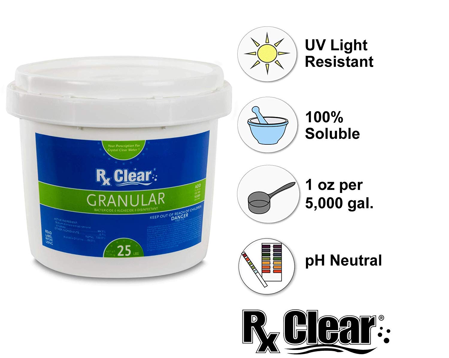 Rx Clear Granular Swimming Pool Chlorine - 25 lb Bucket