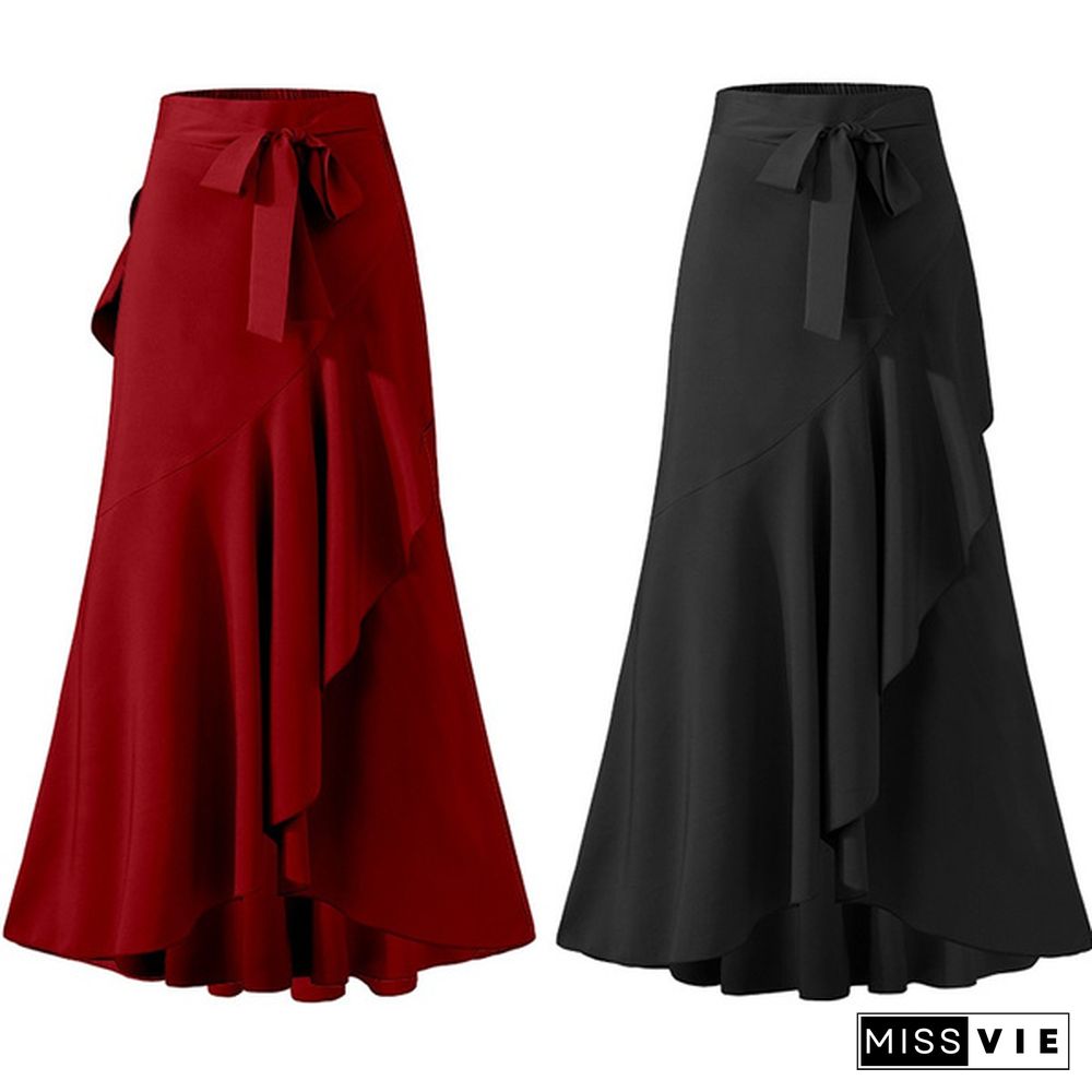 Women Ruffles Hem Mermaid Skirt Maxi Saia Elastic High Waist Asymmetrical Party Elegant Casual Long Skirt Plus Size