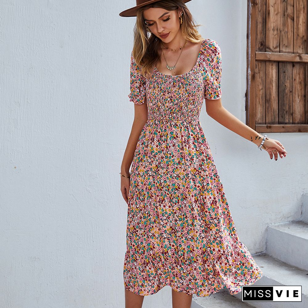 Casual Bohemian Print Dress Women Summer Dresses New Empire Crew Neck Short Petal Sleeves Large Hem Split A-line Midi Dress