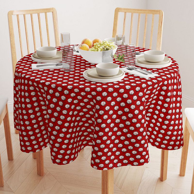 Round Tablecloth， 100% Polyester， 70 Round， Baseballs Red