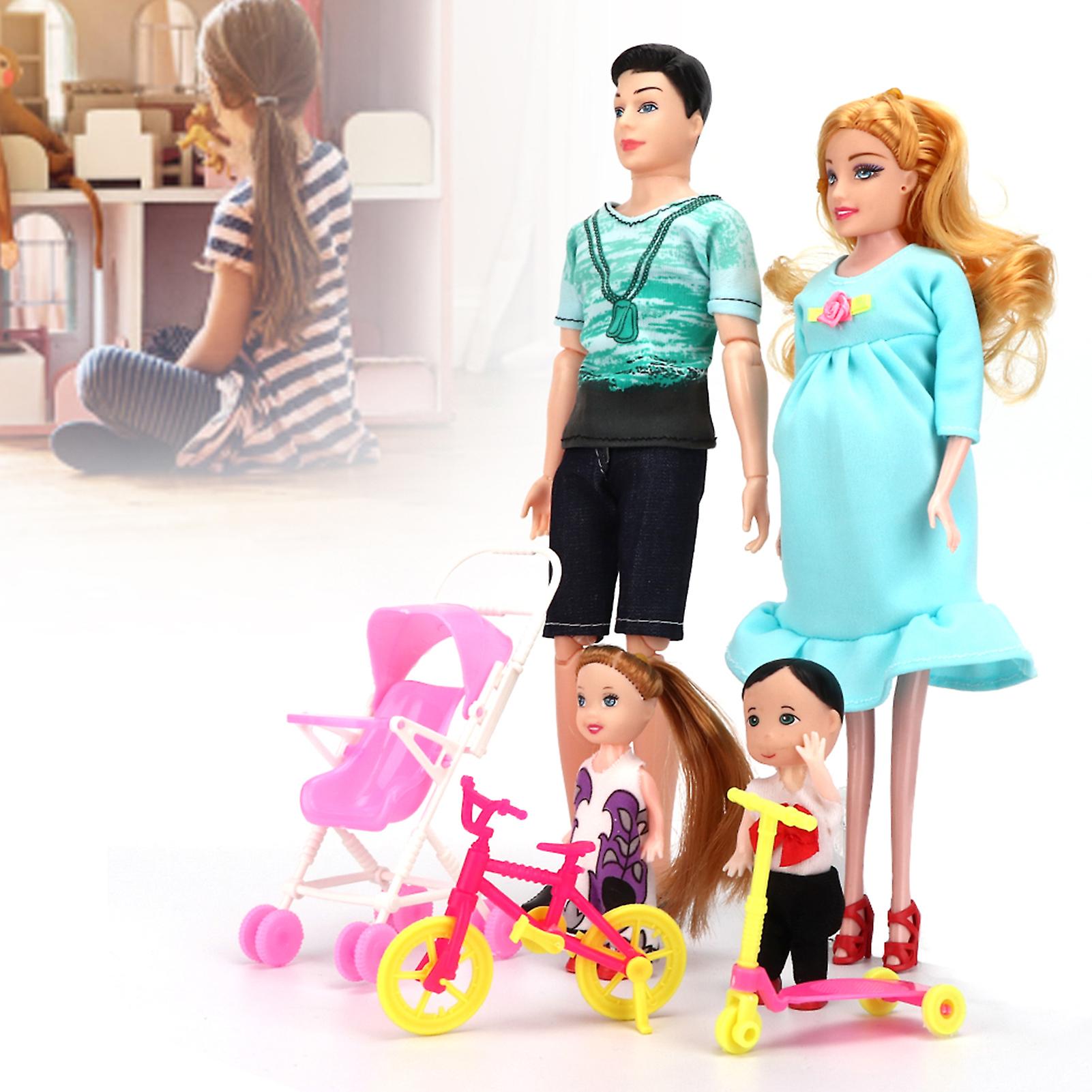 Family Dolls Set Of Dad Pregnant Mom Girl Boy Children Role Play House Toy Gift(greenblue )