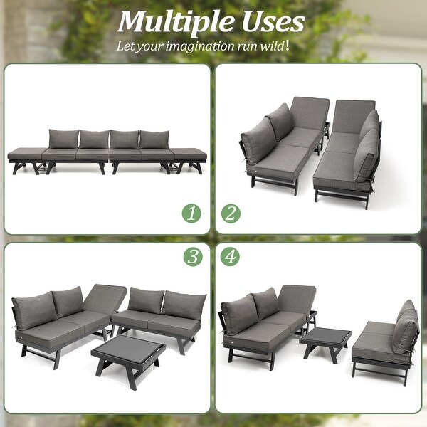 Outdoor Patio Sofa Daybed Adjustable Aluminum Chaise Lounge Bench with Cushion