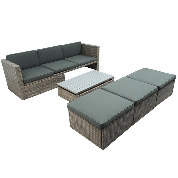 5Piece Patio Wicker Sofa with Adustable Backrest，Cushions，Ottomans and Lift Top Coffee Table