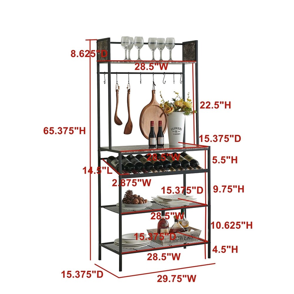 Black Marble Baker’s Rack   Microwave Stand for Kitchen with Wine Bottle Capacity   Hooks  Black