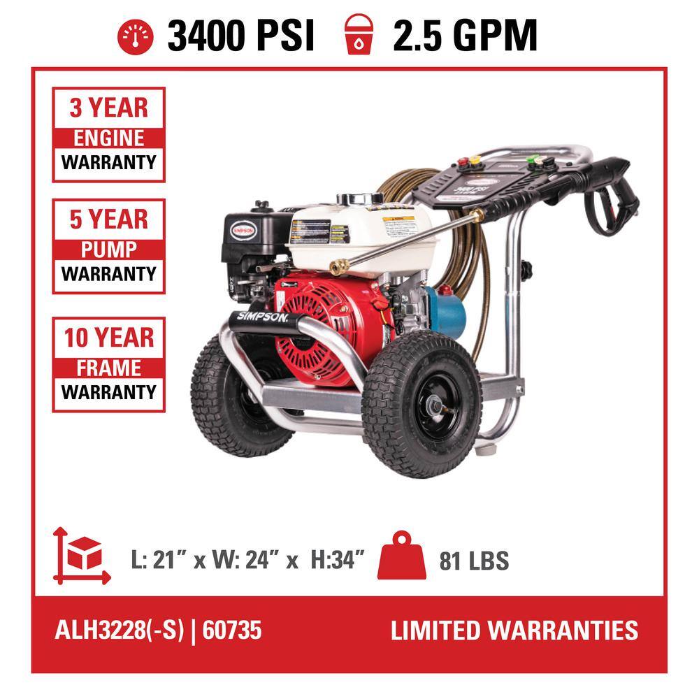 SIMPSON Aluminum 3400 PSI 2.5 GPM Gas Cold Water Pressure Washer with HONDA GX200 Engine ALH3228-S