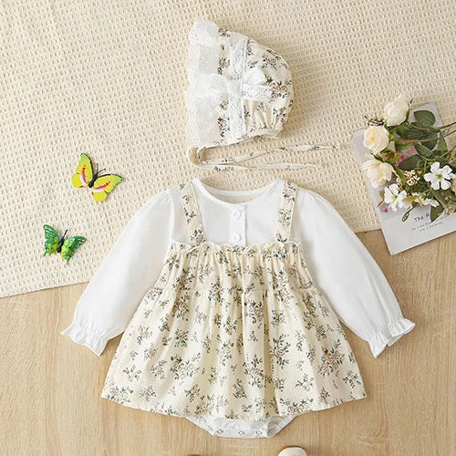 Newborn Baby Girls Bodysuits+Hat Printing Stitching Cotton Long Sleeve Infant Baby Girls Jumpsuit Autumn Spring Baby Clothing