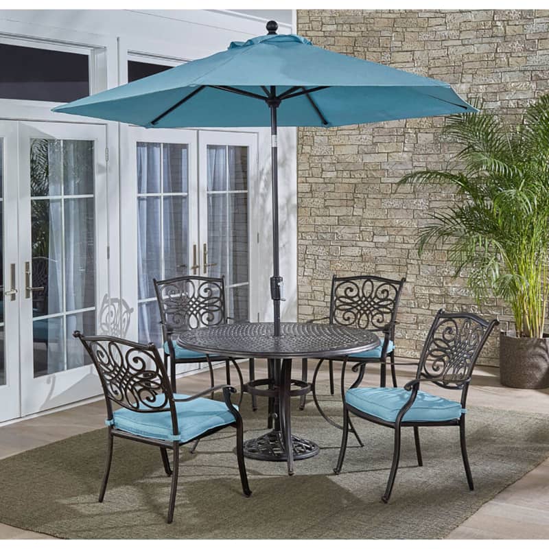 Hanover Traditions 5-Piece Outdoor Dining Set In Blue/Bronze With 4 Dining Chairs， 32 x 38 Cast-Top Table With Umbrella and Stand