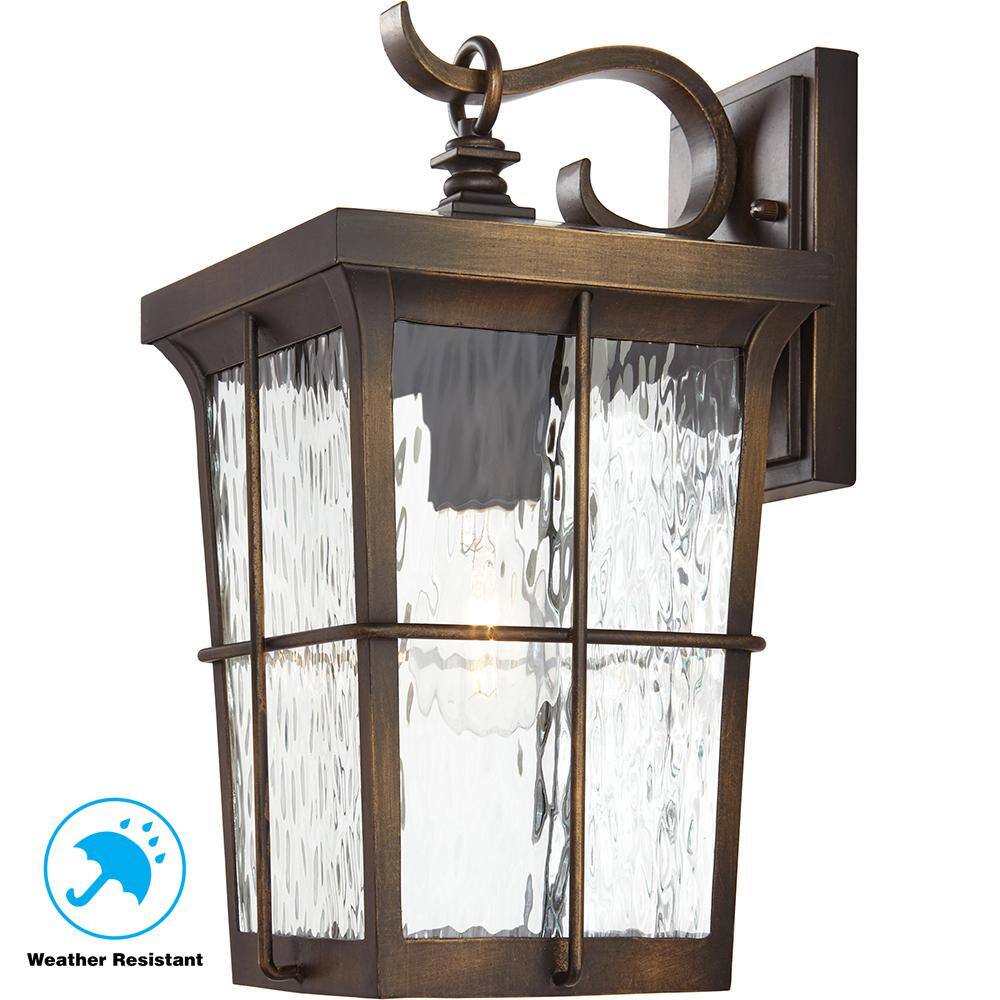 Home Decorators Collection Barrington 1-Light Golden Bronze Outdoor 14 in. Wall Lantern Sconce with Clear Water Glass 23482