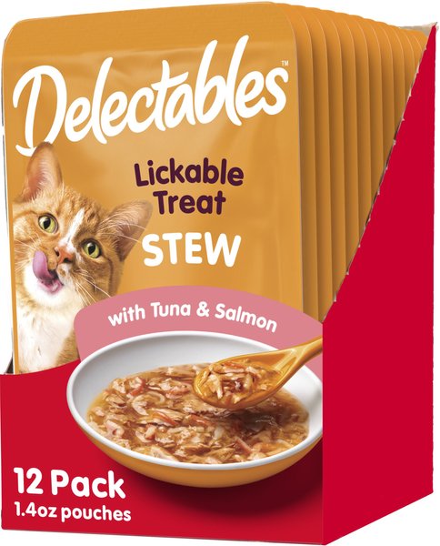 Hartz Delectables Stew Tuna and Salmon Pack Lickable Cat Treats， 1.4-oz pouch， 12 count