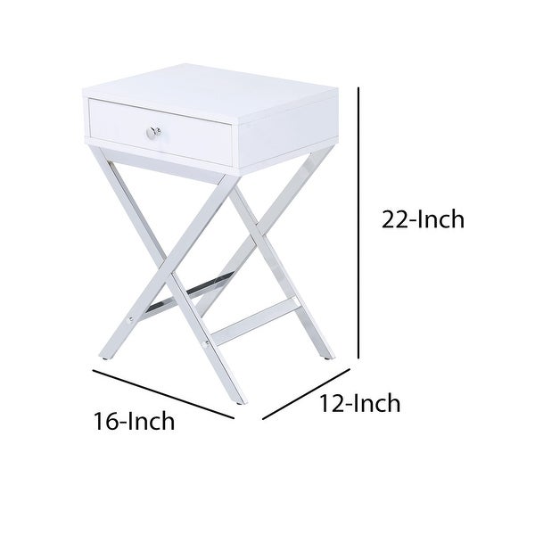 Wood and Metal Side Table with Crossed Base， White and Silver