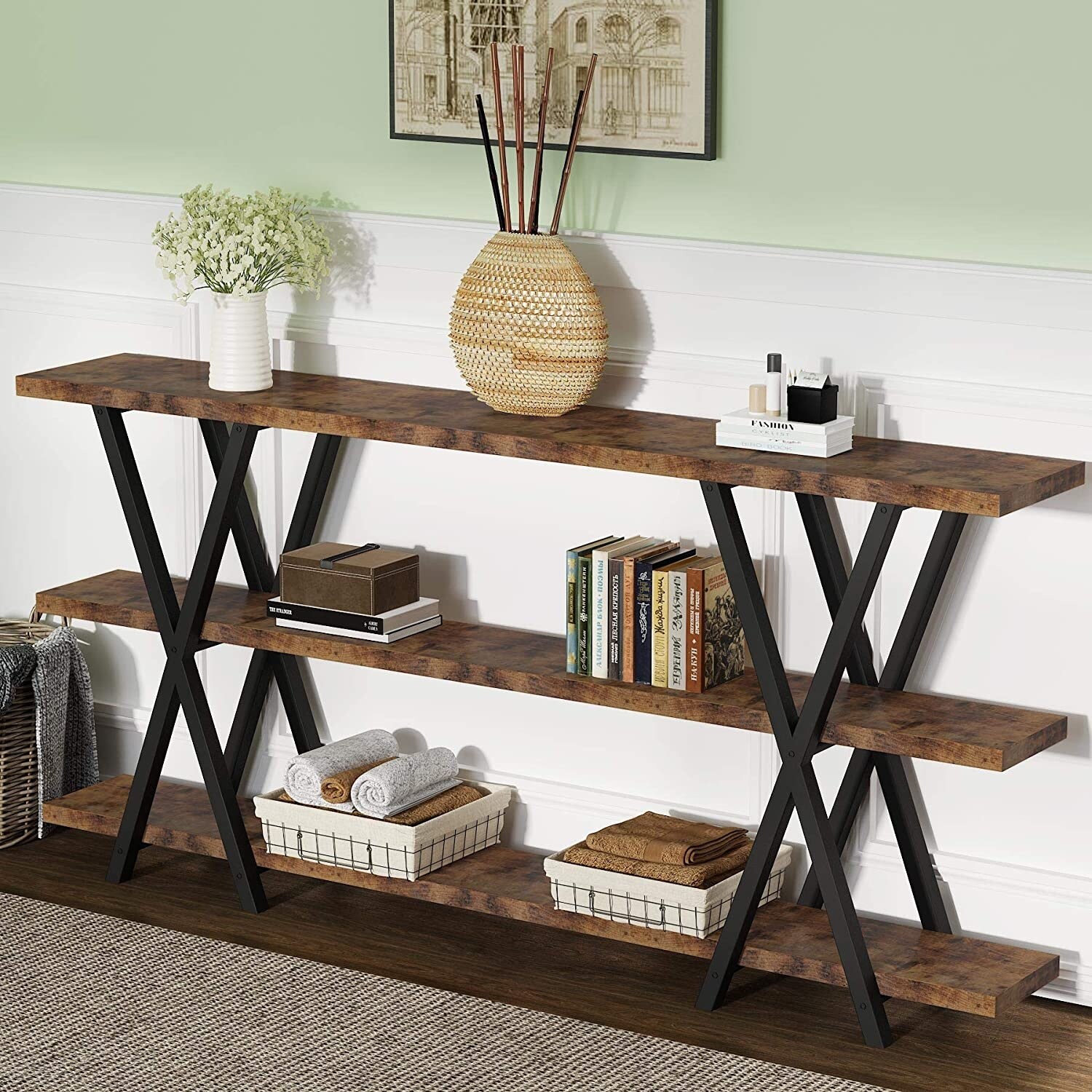 70.9 Inch 3 Tier Extra Long Console Table with Storage for Entryway Living Room