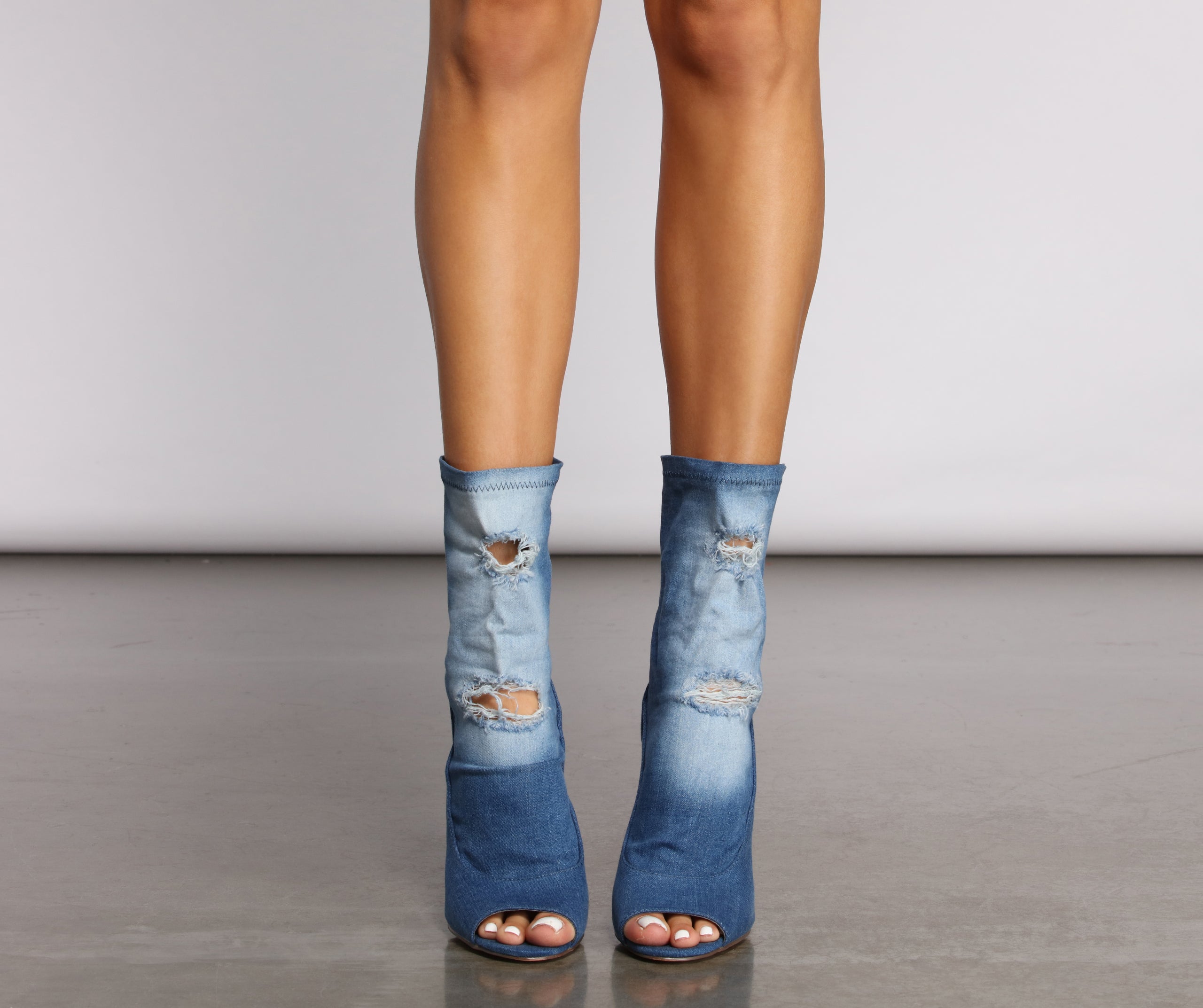 Distressed Denim Block Heel Booties