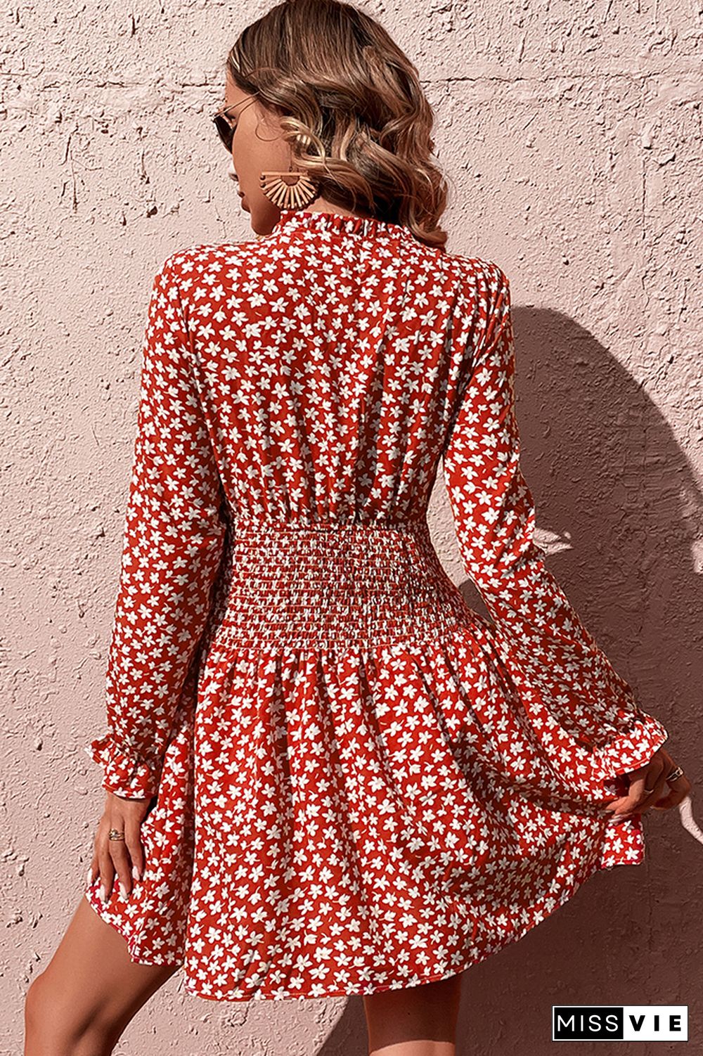 Red Floral Split Frill Collar High Waist Swing Dress