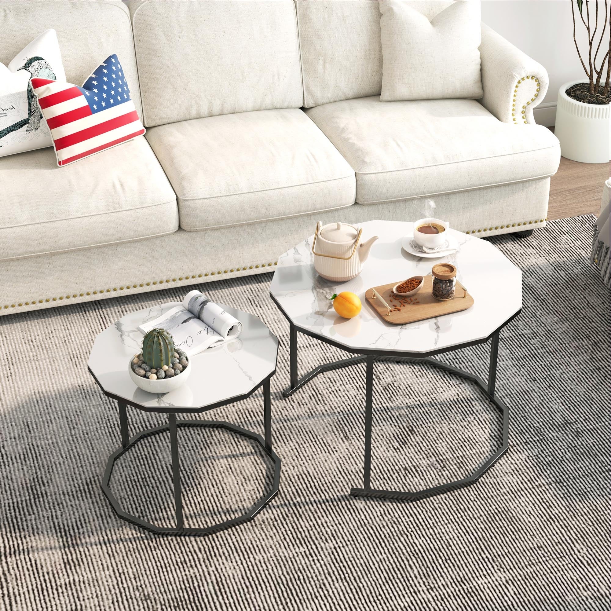 Nesting Coffee Table / End table with 12-sided Artificial Marble Top and Metal Legs