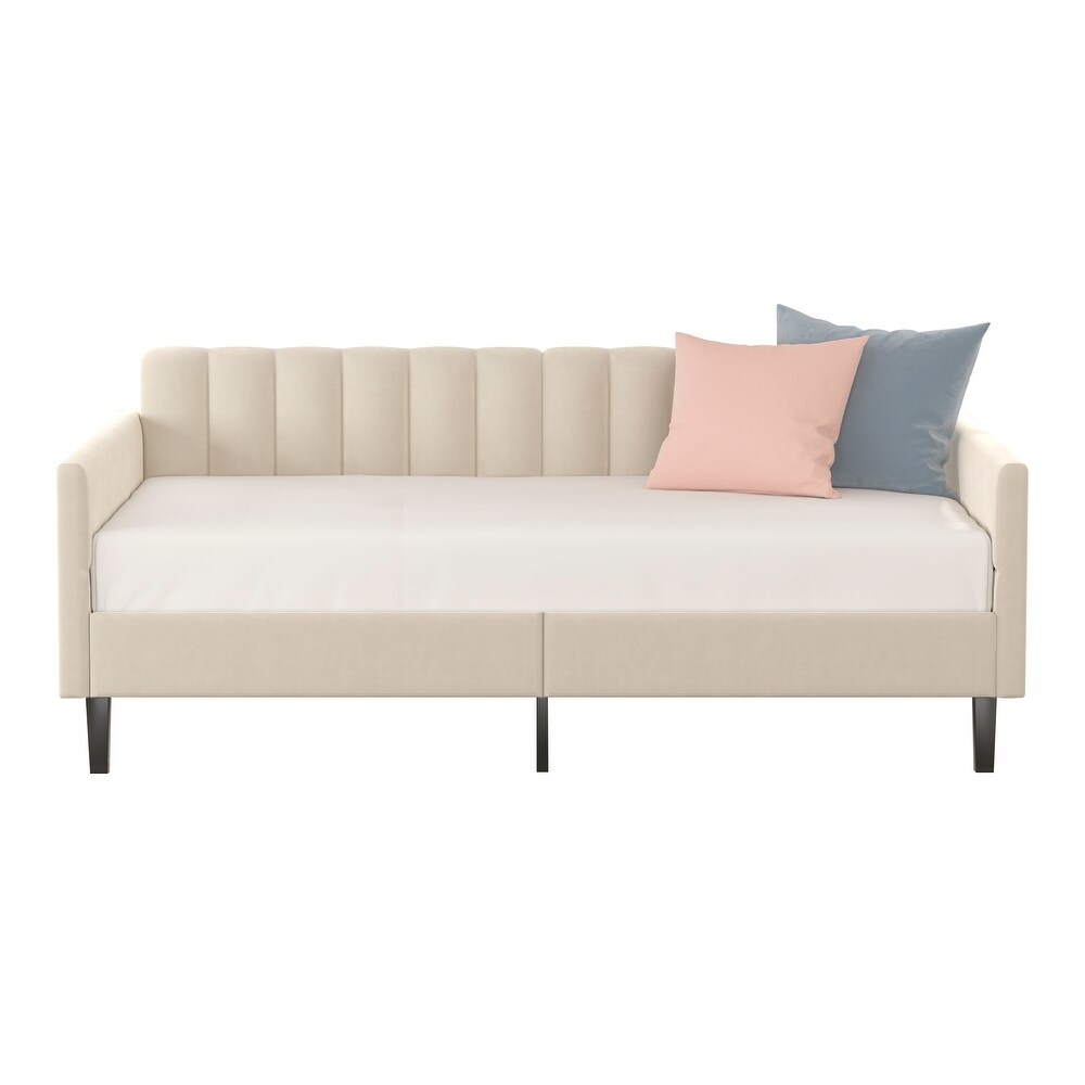 Twin Size Ivory Velvet Upholstered Daybed  Ribbed Tufted Backrest  Daybed in Lavish Modern Design  Richly Foam hued for Bedroom