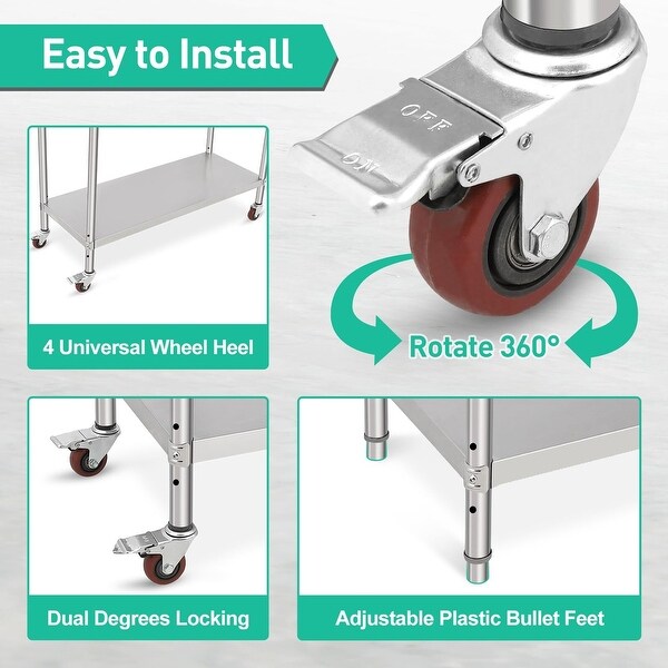 Stainless Steel Table for Prep and Work 48 x 24 x 35 Inch，Heavy Duty Metal Table Cart Worktable with Caster Wheel