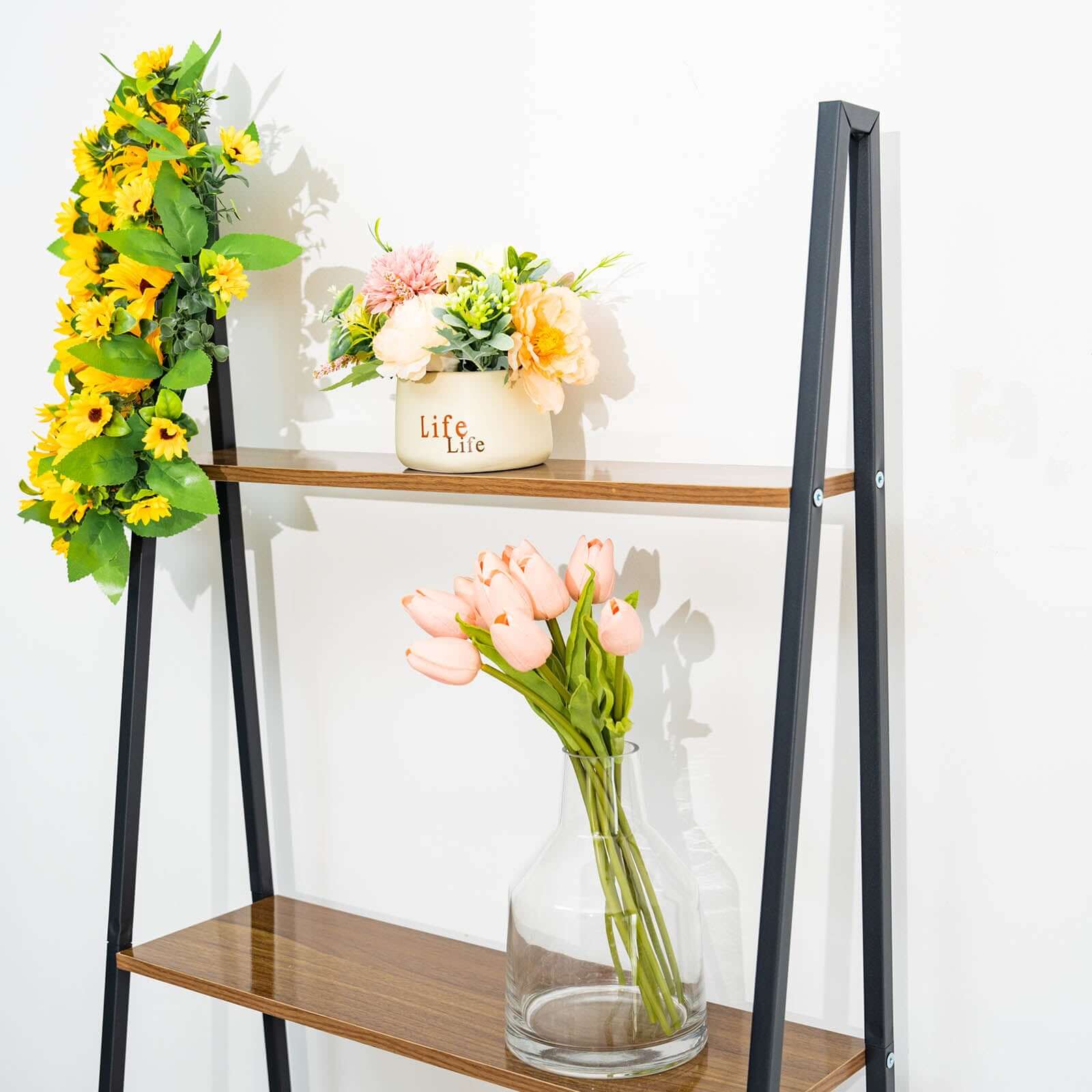 4-Tier Metal Leaning Ladder Bookshelf Stand With Natural Wood Racks for Events - 5ft