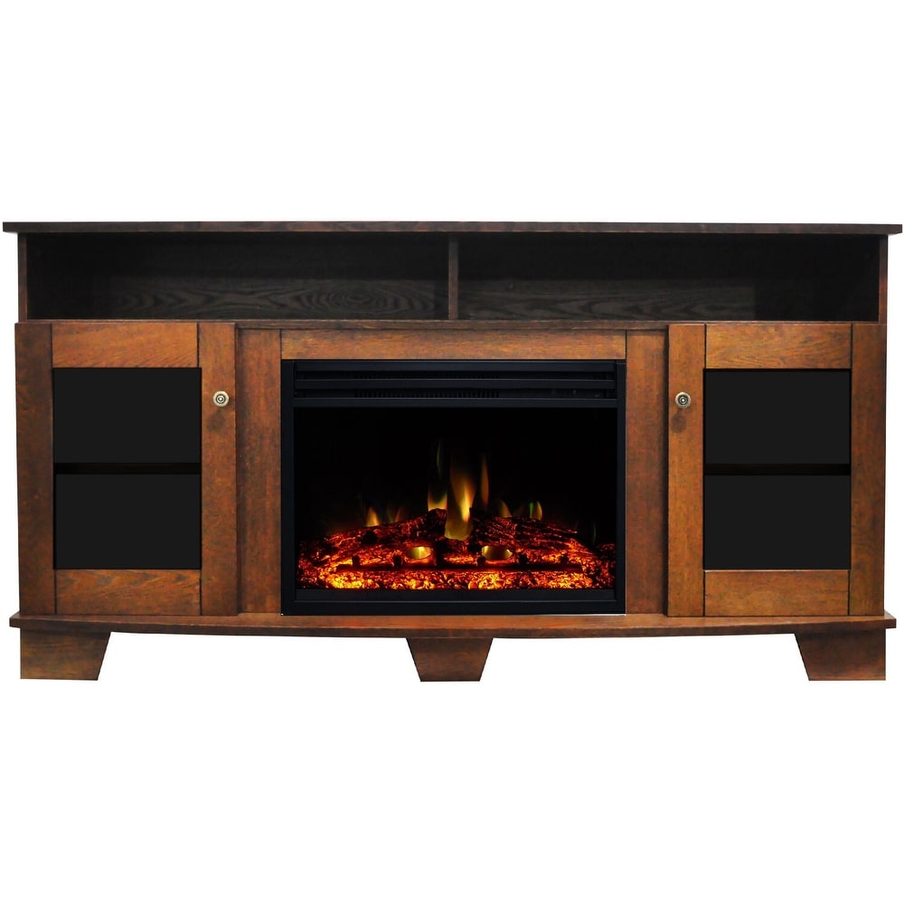 Hanover Glenwood Electric Fireplace Heater with 59 In. Walnut TV Stand  Deep Log Display and Remote   59 Inch