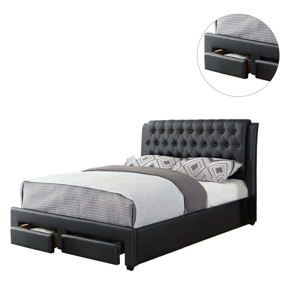 Black Faux Leather Bed with Storage Drawers