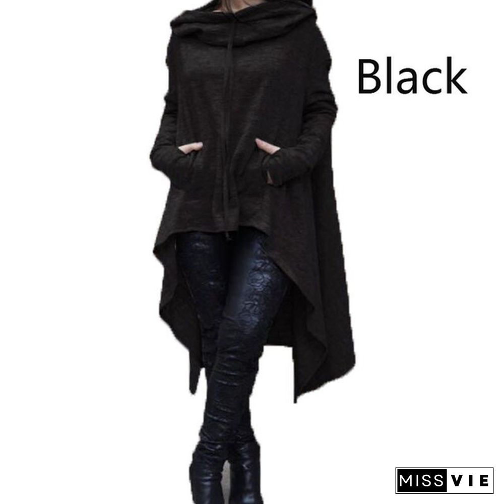 Women's Fashion Solid Color Long Sleeve Loose Casual Poncho Coat Hooded Pullover Long Hoodies Sweatshirts