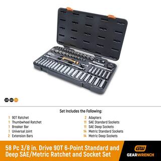 GEARWRENCH 38 in. Drive 90-Tooth 6-Point Standard and Deep SAEMetric Mechanics Tool Set (58-Piece) 85868