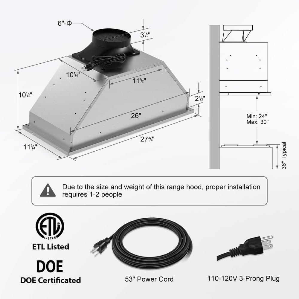 Tylza 30 in 900 CFM Convertible Ductless to Ducted Insert Range Hood in Stainless Steel with Charcoal Filter 2 3Watt LED