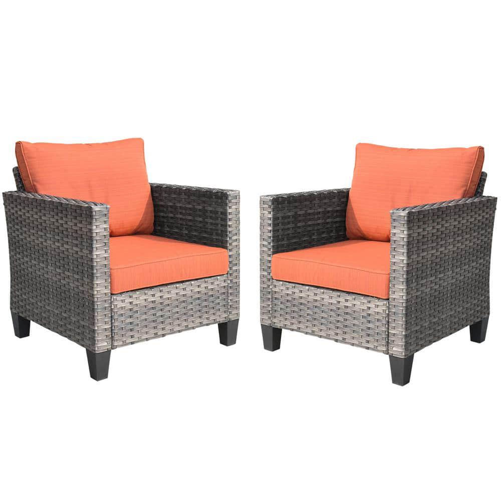 OVIOS New Vultros Gray 2Piece Wicker Outdoor Lounge Chair with Orange Red Cushions