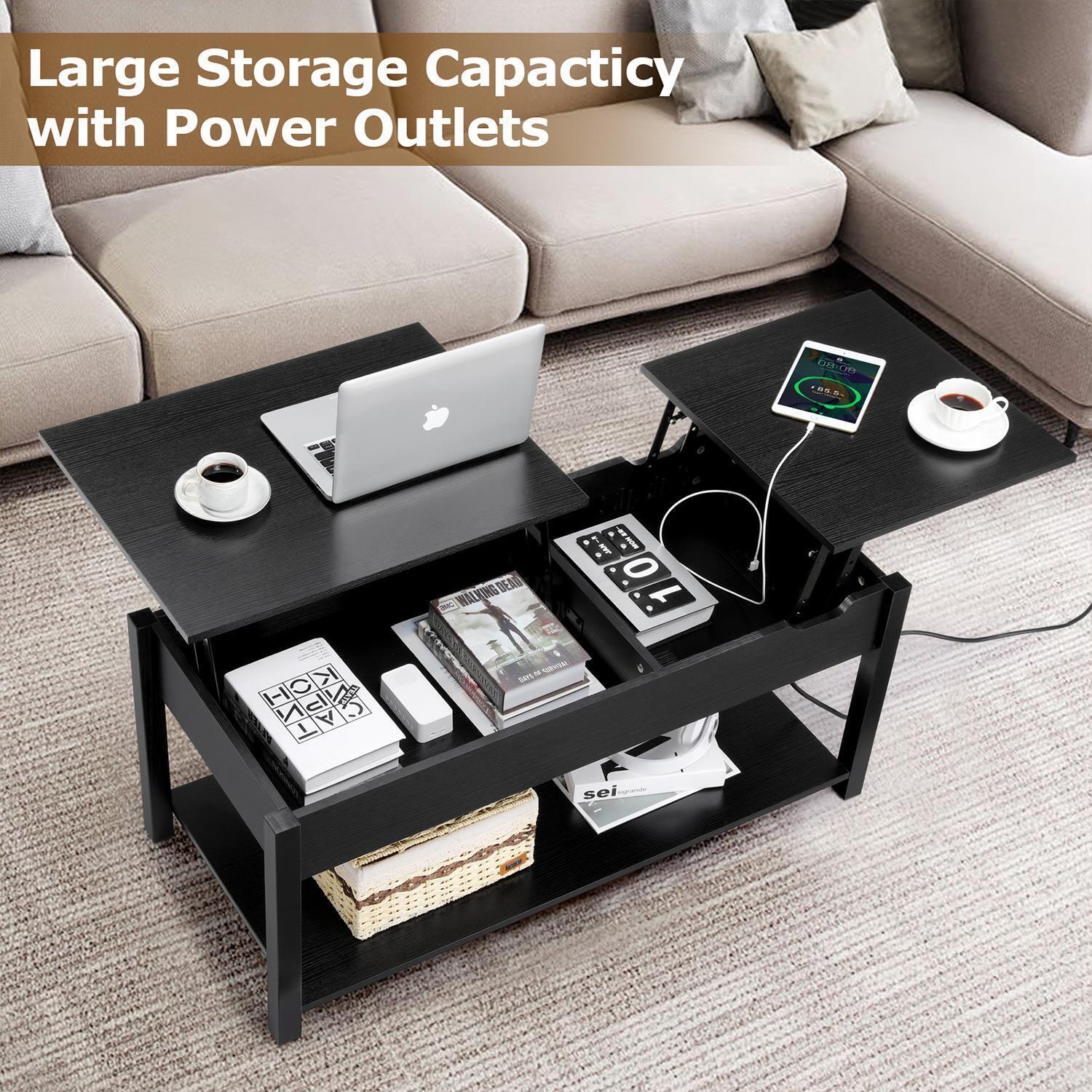 42.5'' Lift-Top Coffee Table With Hidden Storage And Side Drawer Living Room End Table USB (Black)