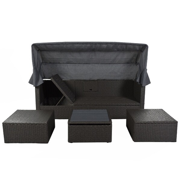 Roomfitters Outdoor Patio Rectangle Daybed with Retractable Canopy，Wicker Sectional Seating with Washable Cushions