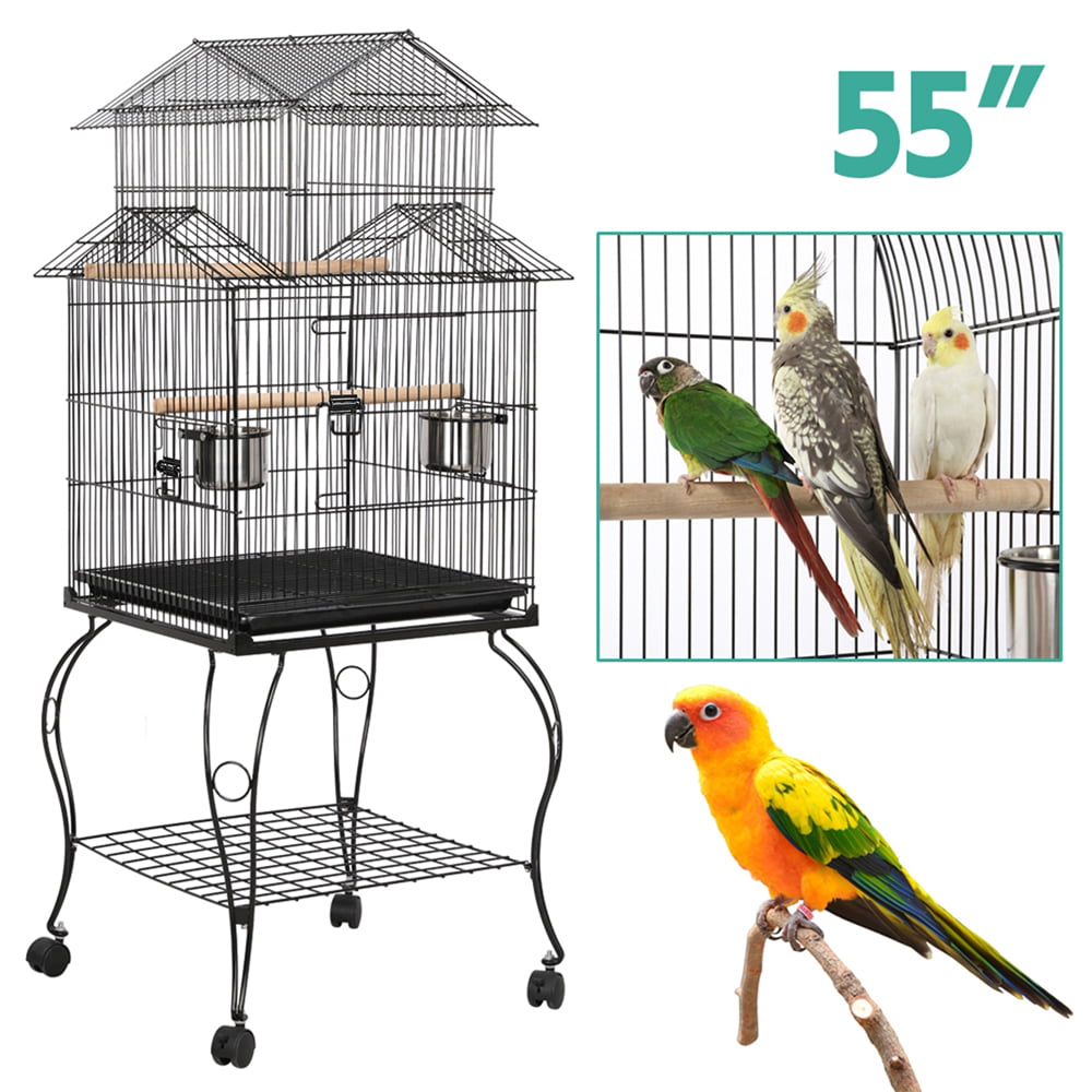 SMILE MART Metal Rolling Bird Cage with Triple Roof Detachable Stand for Birds Finches Lovebirds Canaries Cockatiels Conures Parakeets， Black