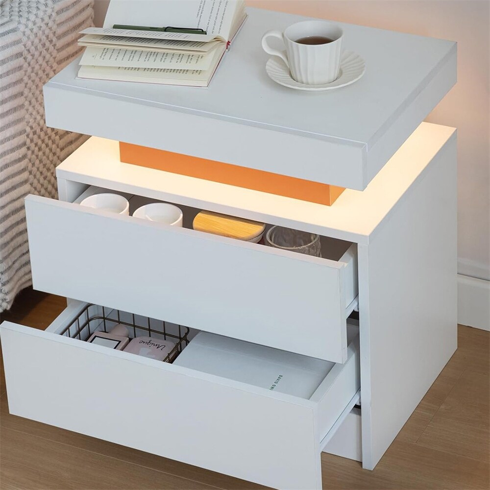 Modern Wood LED Nightstand with 2 Drawers