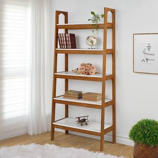 Camaflexi Mid Century Modern 74 in. White  Castanho Wood 5-Shelf Open Bookcase with Solid Wood Frame MD23312