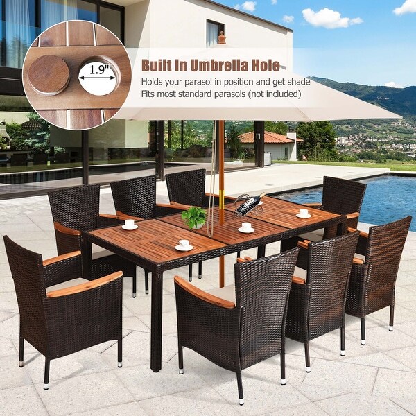 9PCS Patio Dining Set Wood Table Top Umbrella Hole Cushions Chairs