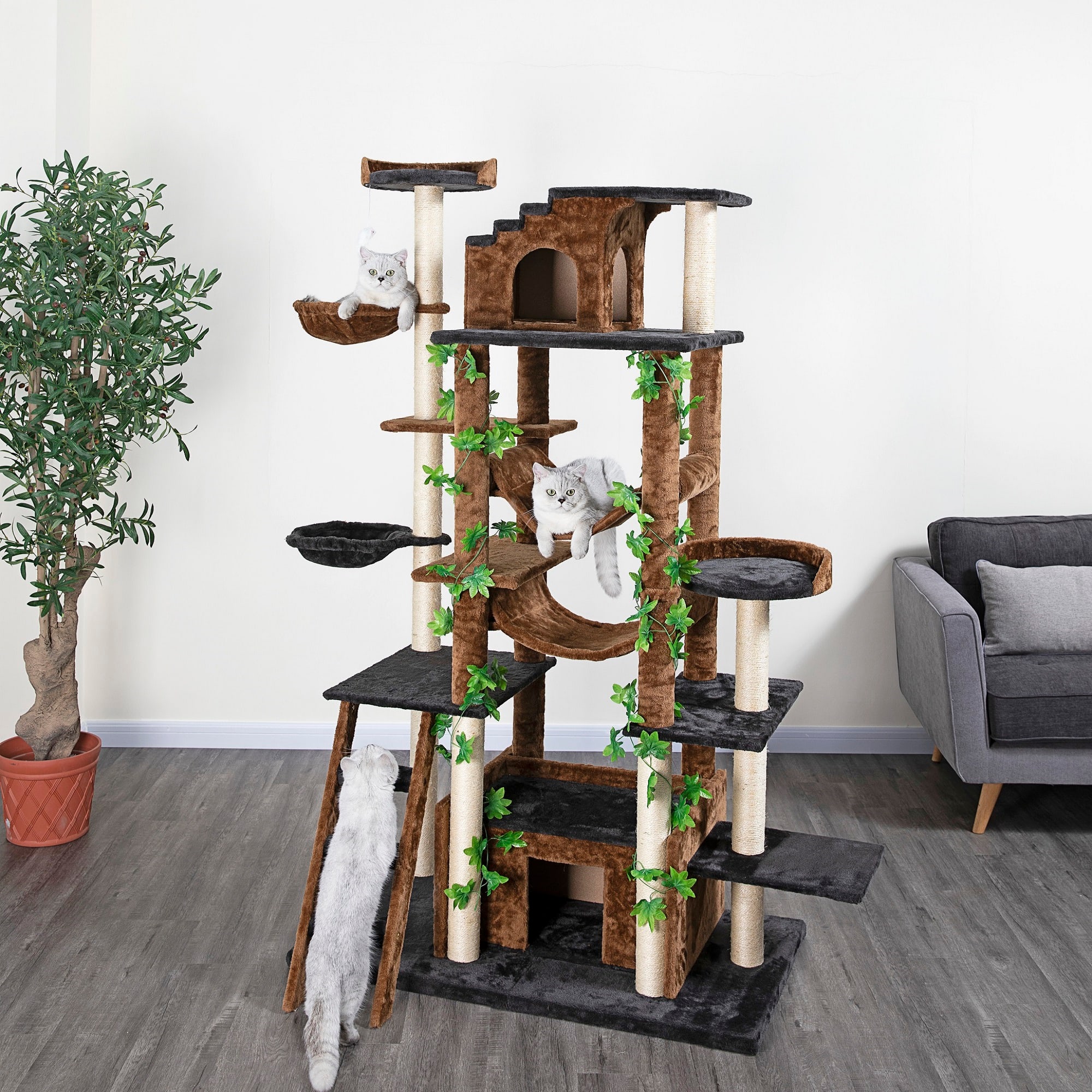 Go Pet Club Black/Brown Forest Cat Tree with Leaves， 77